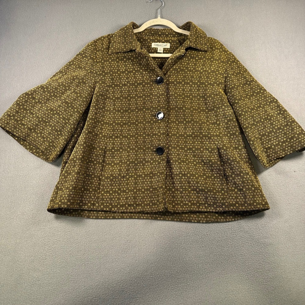 Coldwater Creek Womens L Jacket Olive Green Gold Geometric 3/4 Sleeve Button Up